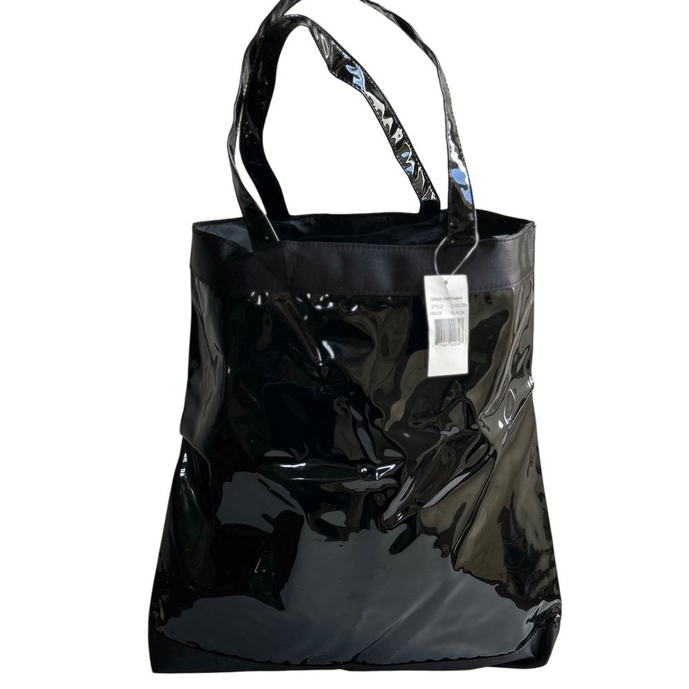 NWT  Urban Attitudes Black Patent Faux Leather & Satin Tote Bag